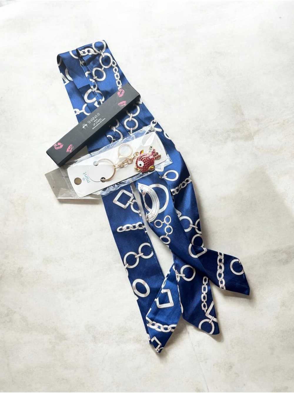 Bundle | keychain, 2 bag ties, 1 lip liner 2Navy Blue Chain Print Silk Scarves
